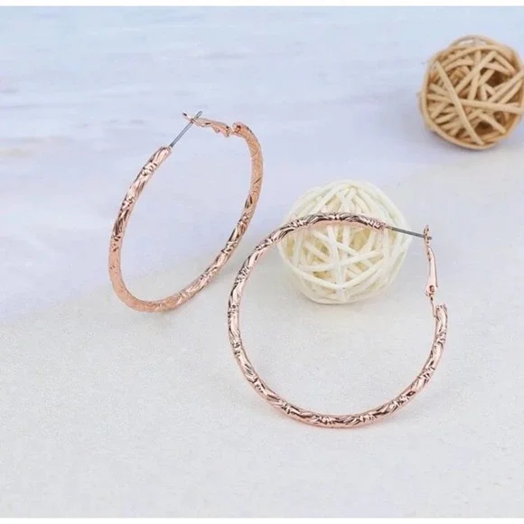 1 LEFT! Rose Gold Engraved Hoop Earrings - Picture 3 of 3